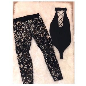 NYE outfit sequined pant leggings & body suit